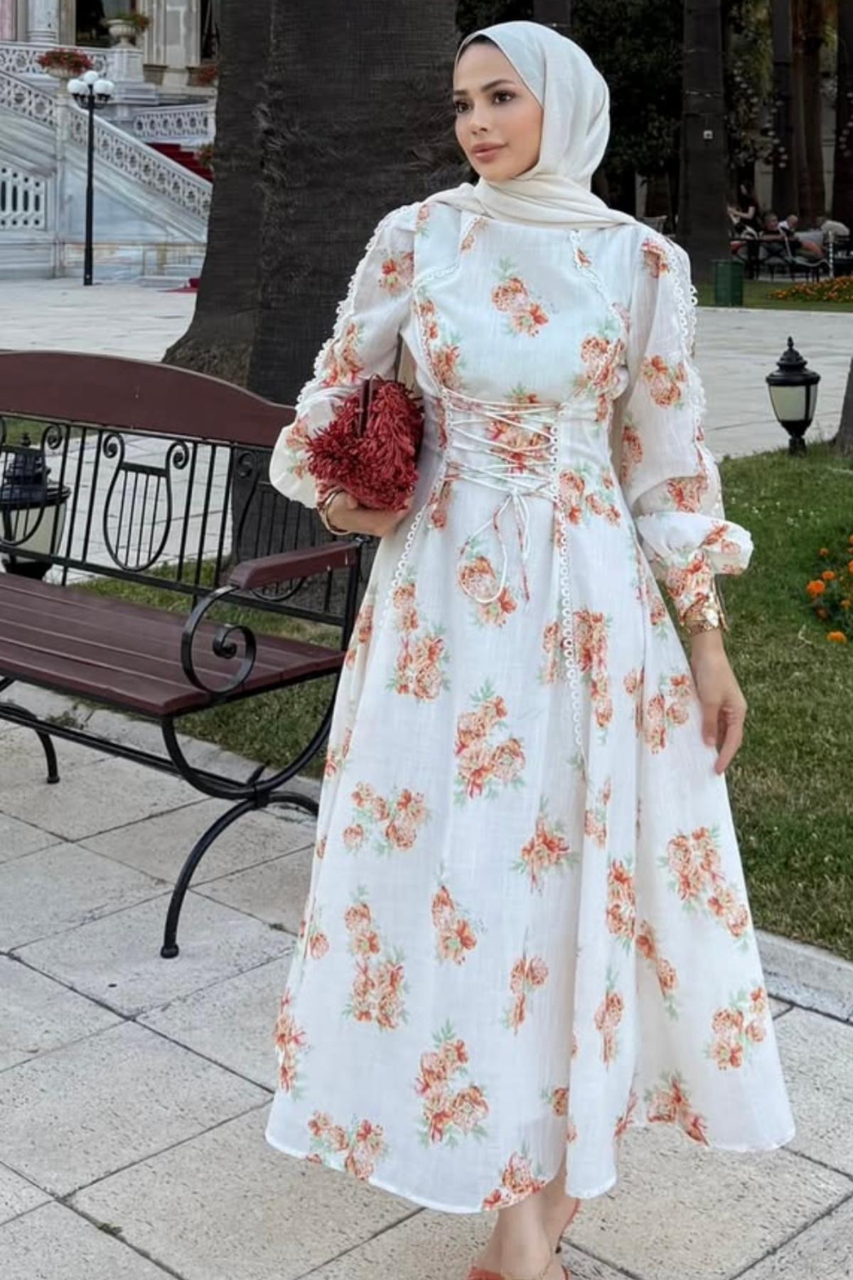 Korse Detaylı Çiçekli Elbise - Turuncu